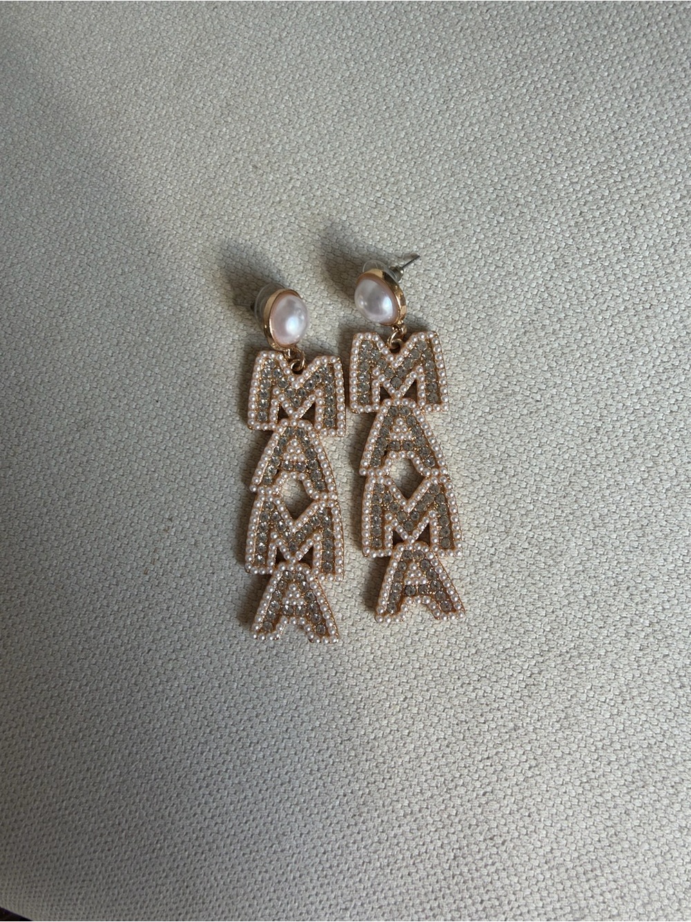 Gold Pearl Drop 'MAMA' Letter Earrings - Rose Gold Tone